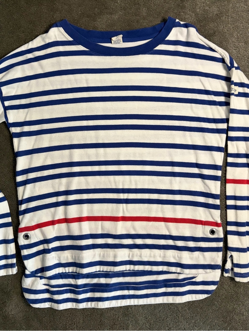 The Black Dog White Top with Blue Stripes and Red Accent